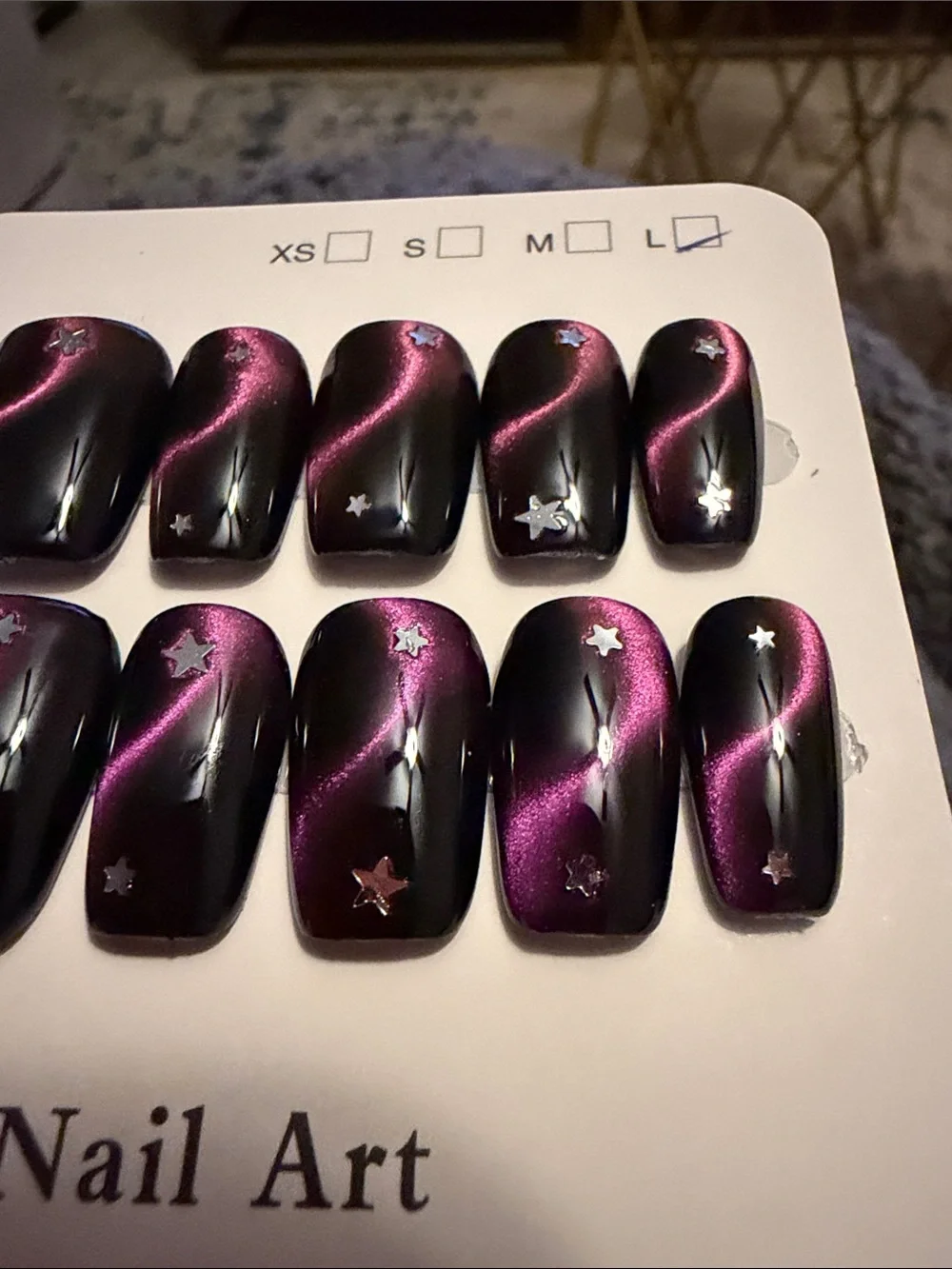 Dark Purple Cat Eye handmade acrylic Press-On Nails with Star Accents